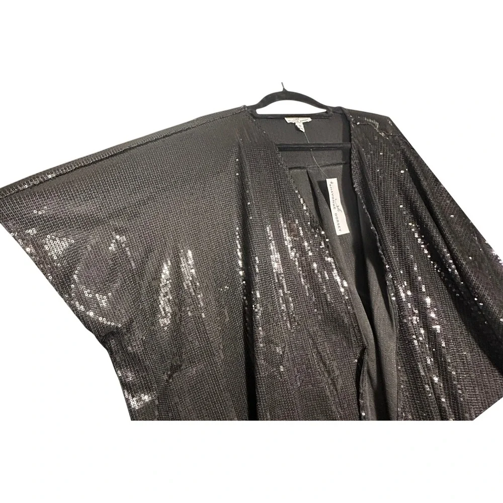 Women's Sequin‎ Kimono Cardigan Black Open Front Short Sleeve Elegant Glam XL